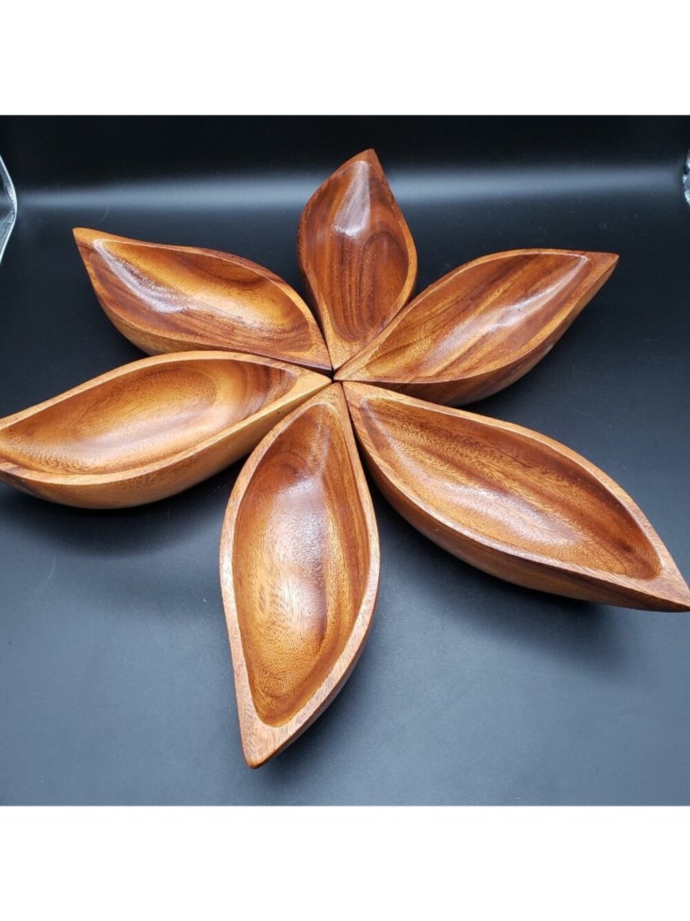 Vintage Smith’s Kauai Hardwoods Monkeypod Wood Petal Bowls Set of 6 Hawaii